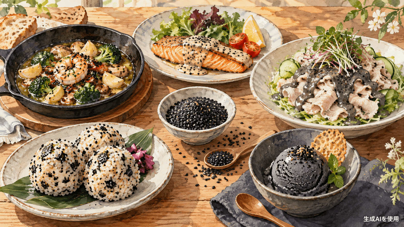 黒ごま油のアヒージョや鮭料理など5品を描いた水彩画