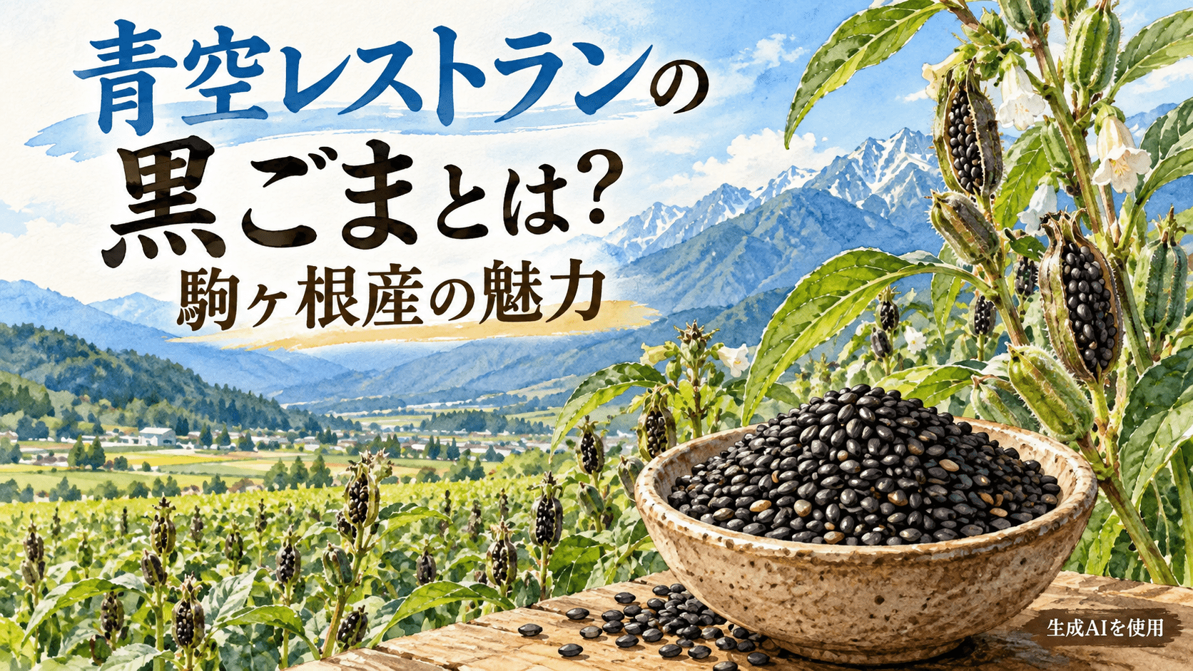 駒ヶ根の山々と黒ごま畑を描いた水彩画