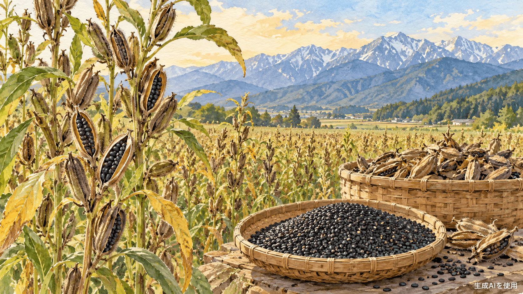 長野県駒ヶ根市の黒ごま畑と収穫した黒ごまを描いた水彩画