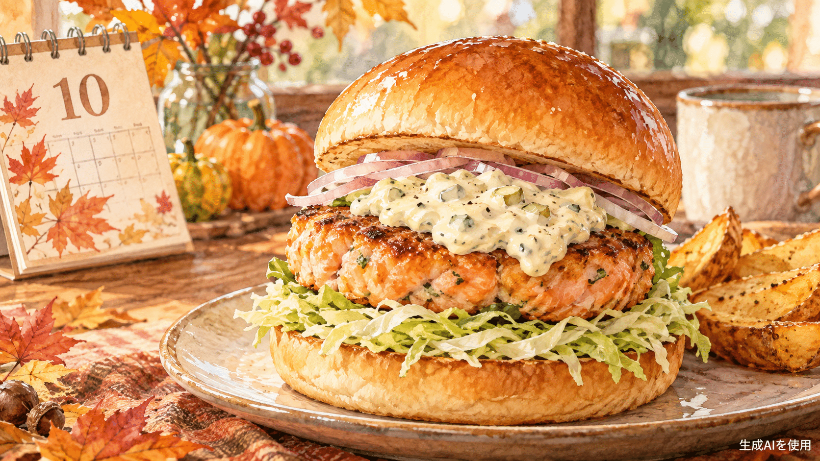 秋鮭バーガーと10月の販売開始を表現した水彩画