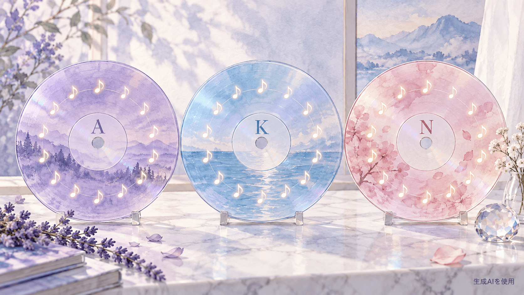 Side A・Side K・Side Nの3枚組と各13曲を表現した水彩画風イメージ