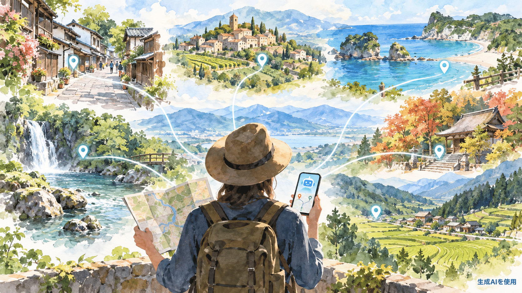 AIと地域分散を取り入れた未来の観光を表す水彩画風イメージ