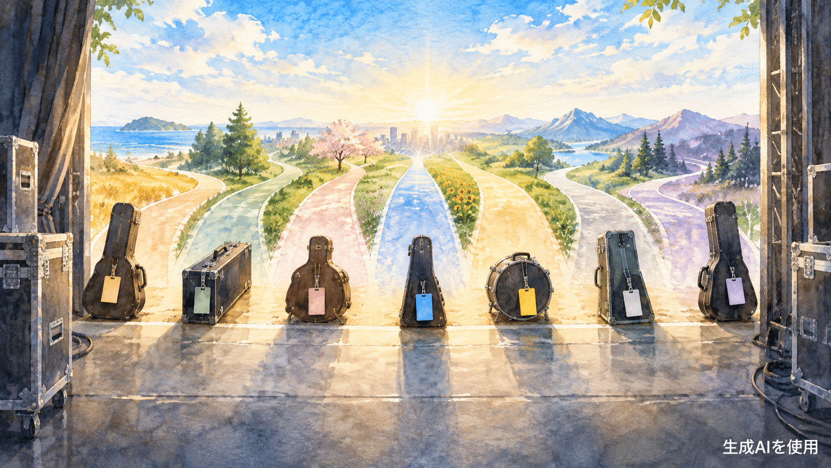 WEST.の7人が個人活動へ進む今後を表す7本の道の水彩画風イメージ