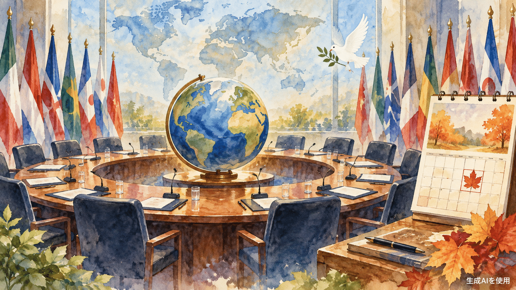 世界観光の日が生まれた国際会議の歴史を表す水彩画風イメージ