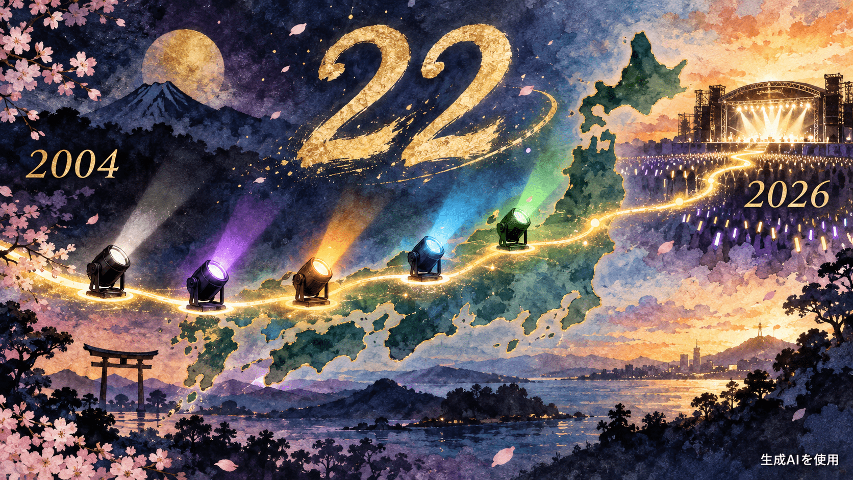 2004年から2026年までの22年間の歩みを5色の光で表現した水彩画風イメージ