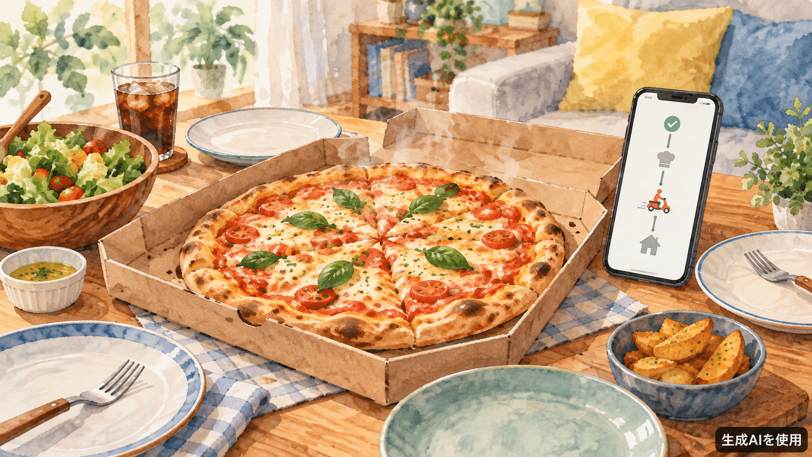 宅配ピザを囲む食卓とスマートフォン注文を表す水彩画イメージ