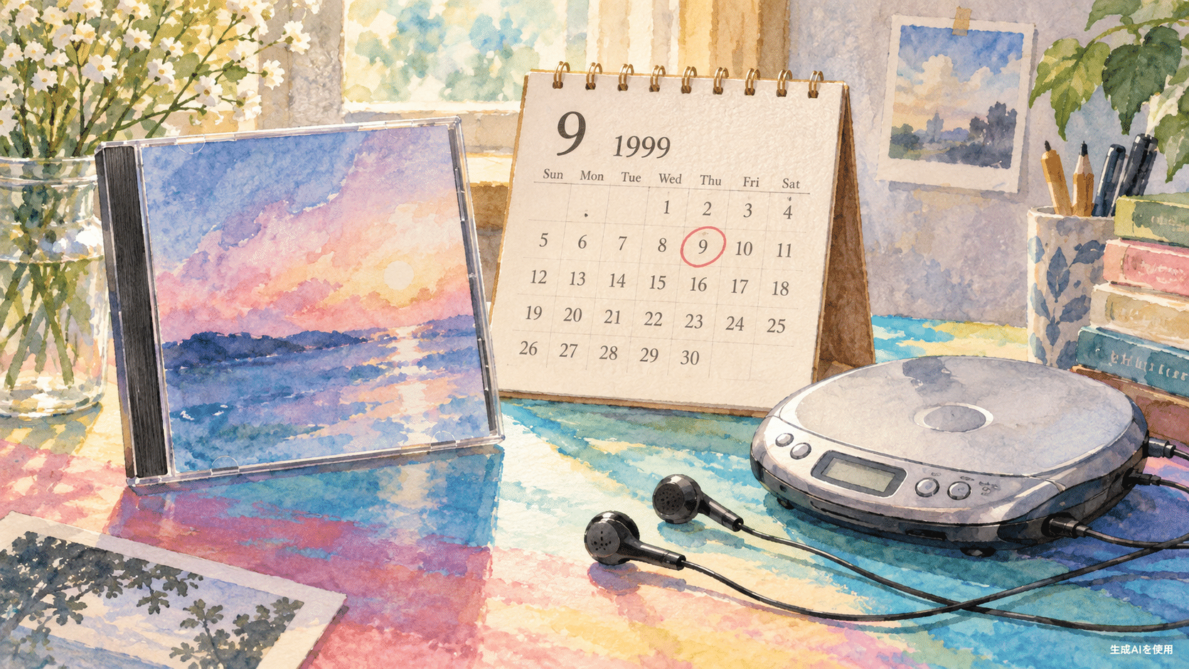 1999年9月9日の発売日とCDを表現した水彩画風イメージ