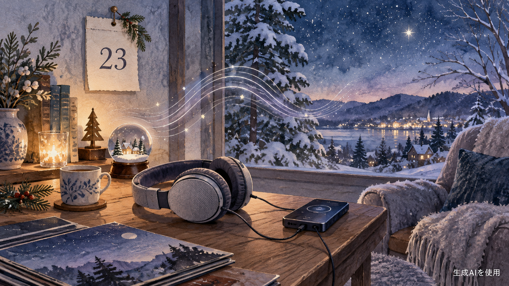 12月23日の発売日と冬の音楽鑑賞を表現した水彩画風イメージ