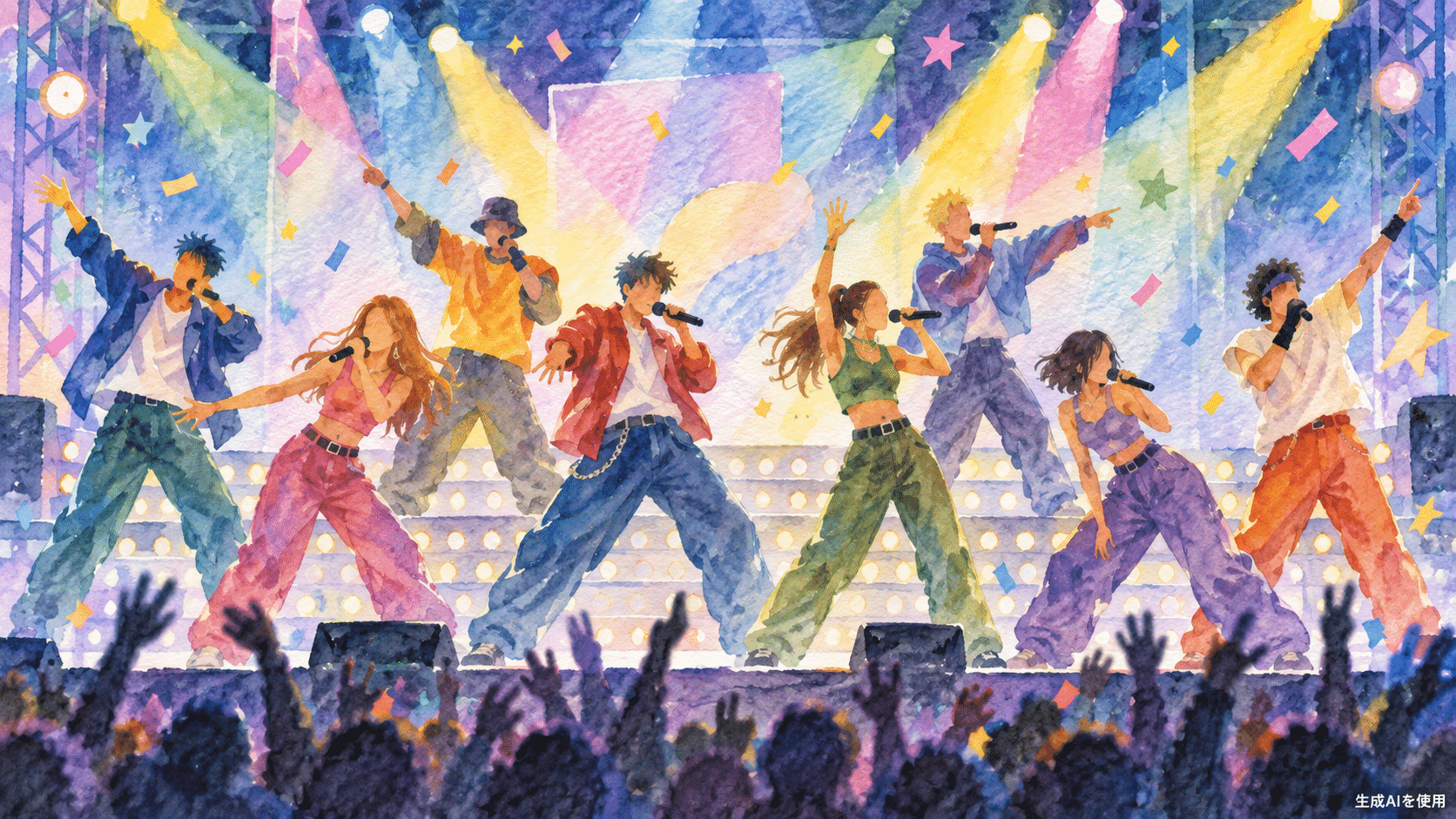 8人で歌うポップステージを表現した水彩画風イメージ