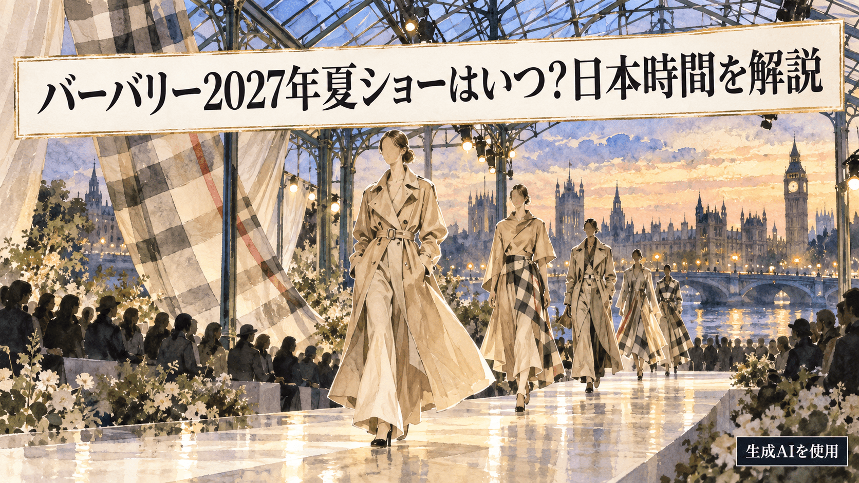 バーバリー2027年夏ショーの開催時刻をイメージした水彩画風アイキャッチ