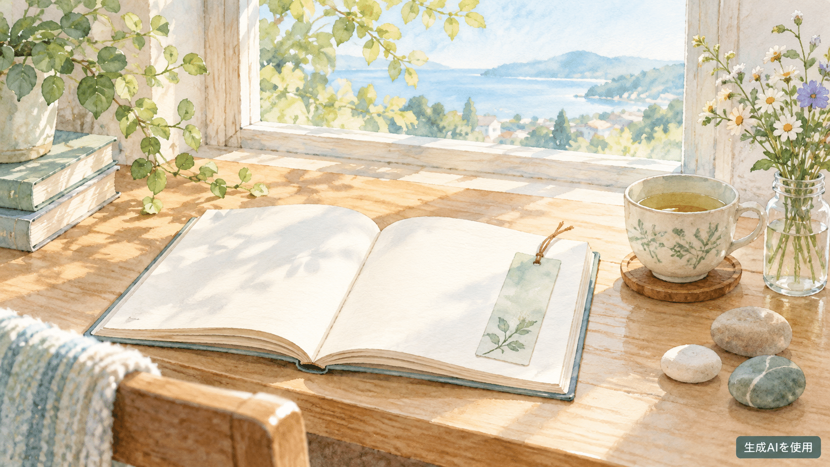 明るい窓辺で本を開く読書机の水彩画