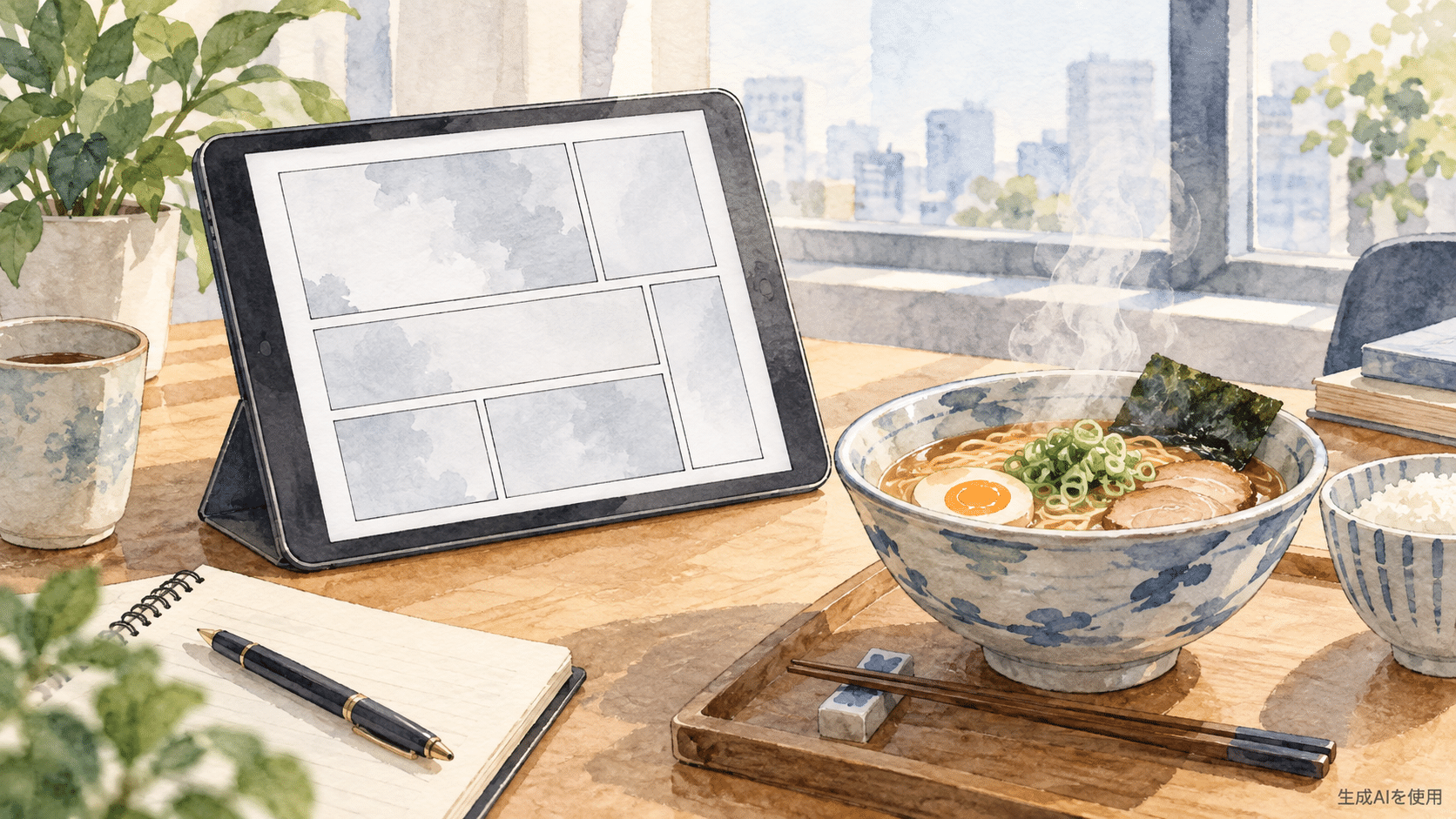 タブレットで漫画を開きラーメンを添えた机の水彩画