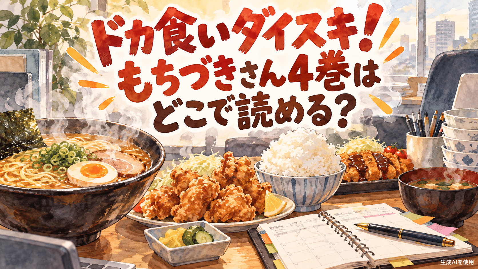 ドカ食いダイスキ！もちづきさん4巻はどこで読める？と書かれた水彩画