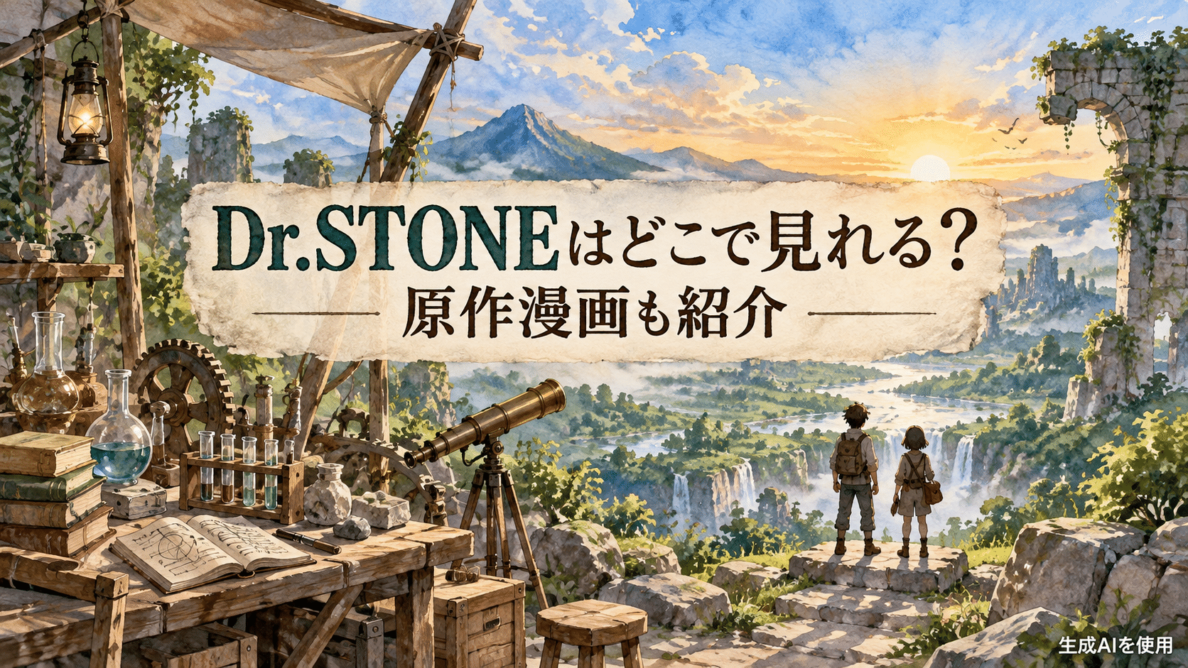 Dr.STONEはどこで見れる?原作漫画も紹介と書かれた水彩画