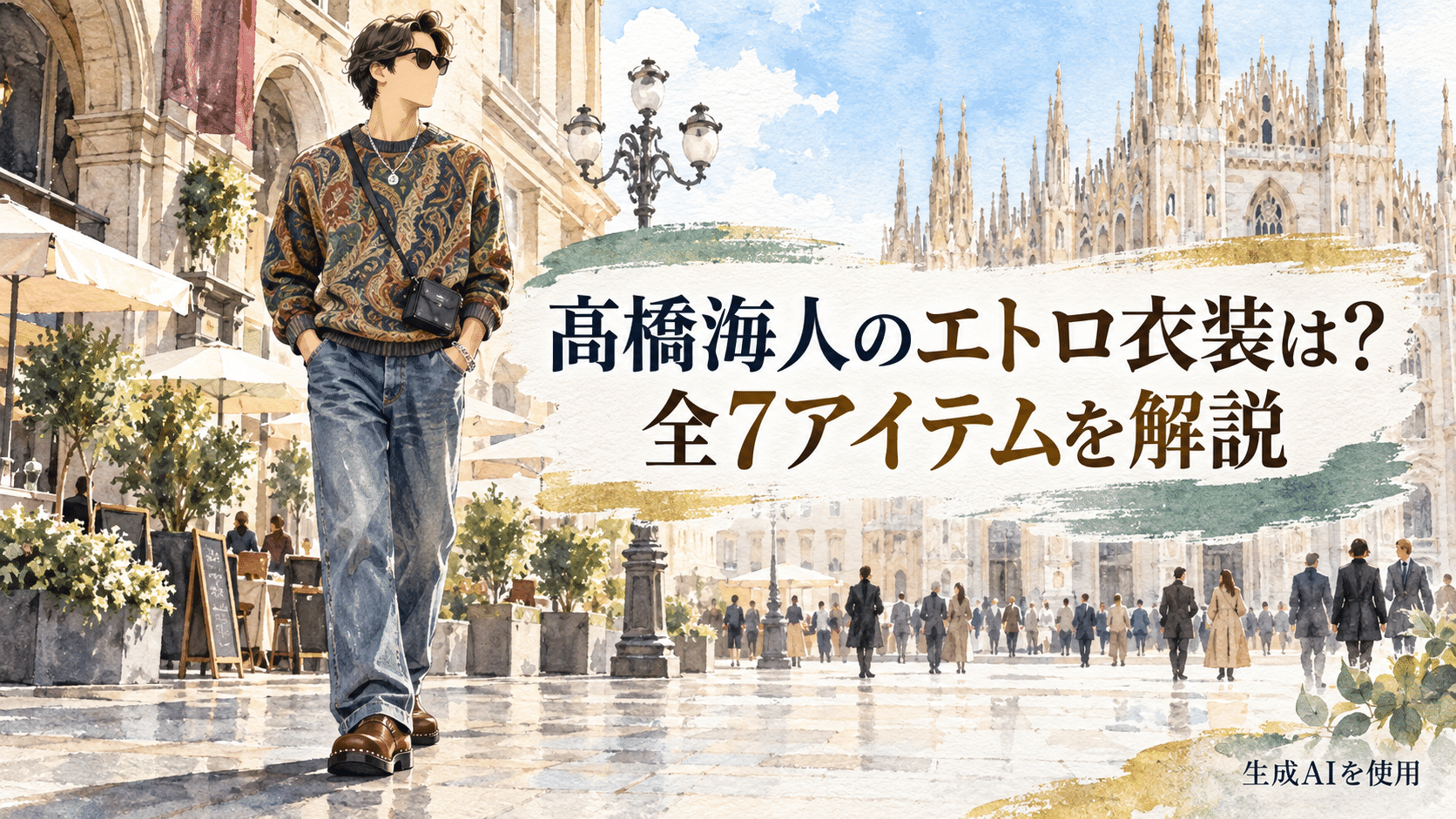 高橋海人のエトロ衣装全7アイテムを紹介する水彩画風イメージ