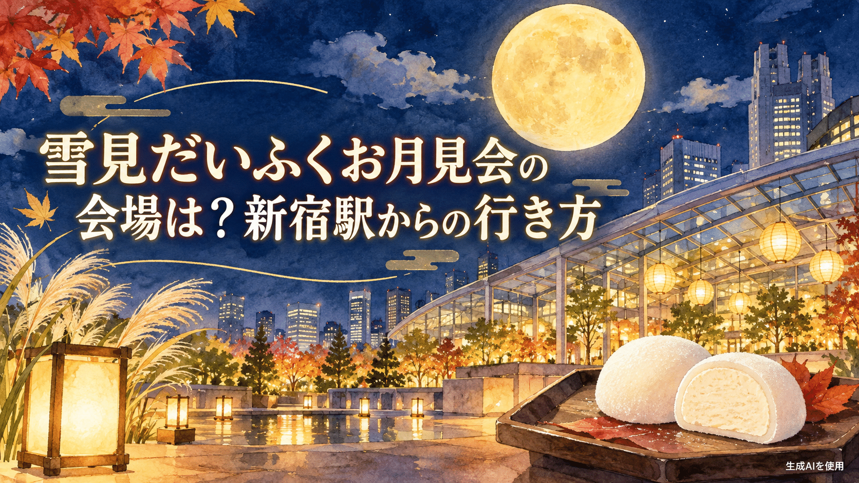 雪見だいふくお月見会の会場と新宿駅からの行き方を表す水彩画風イメージ