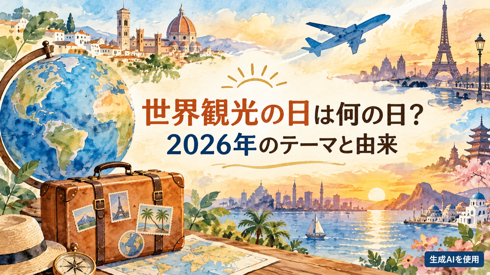 世界観光の日は何の日かと2026年のテーマ・由来を表す水彩画風イメージ