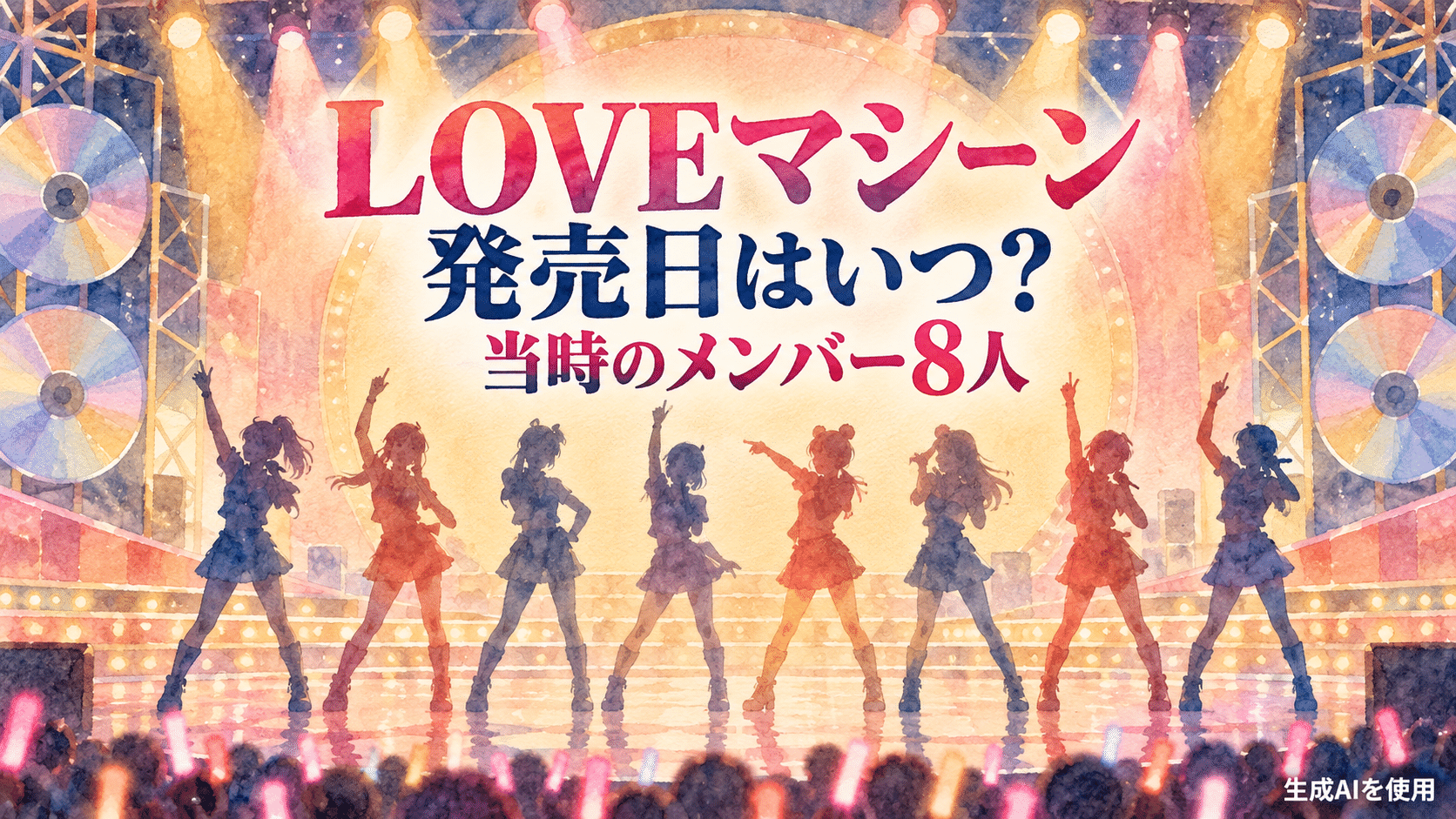 LOVEマシーンの発売日と当時のメンバー8人を紹介する水彩画風イメージ