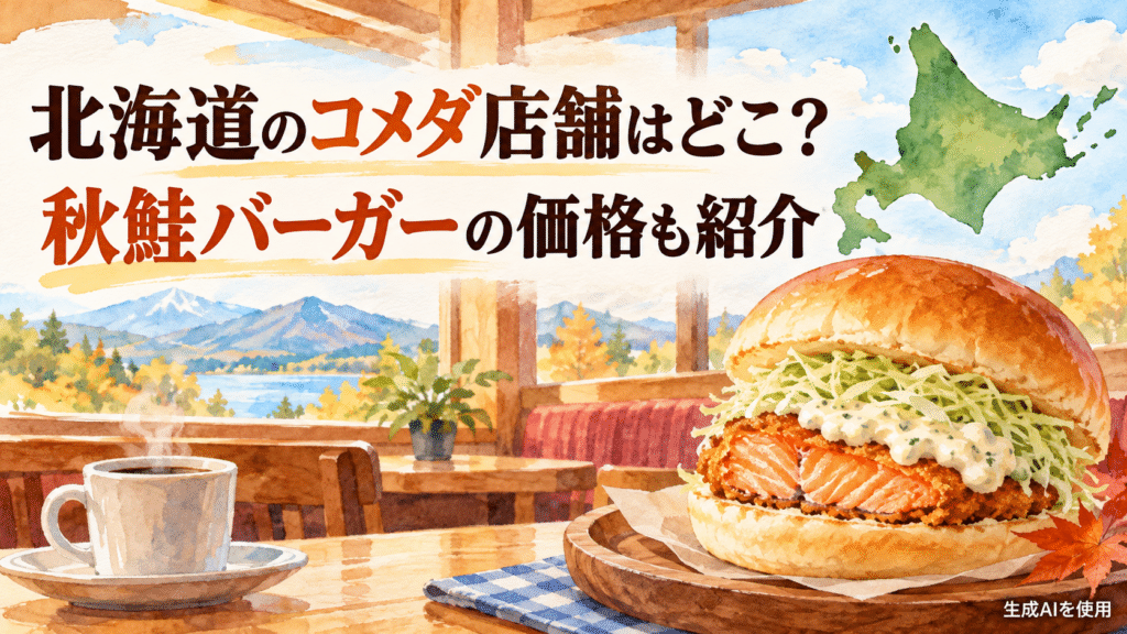 北海道のコメダ店舗と秋鮭バーガーの価格を紹介する水彩画