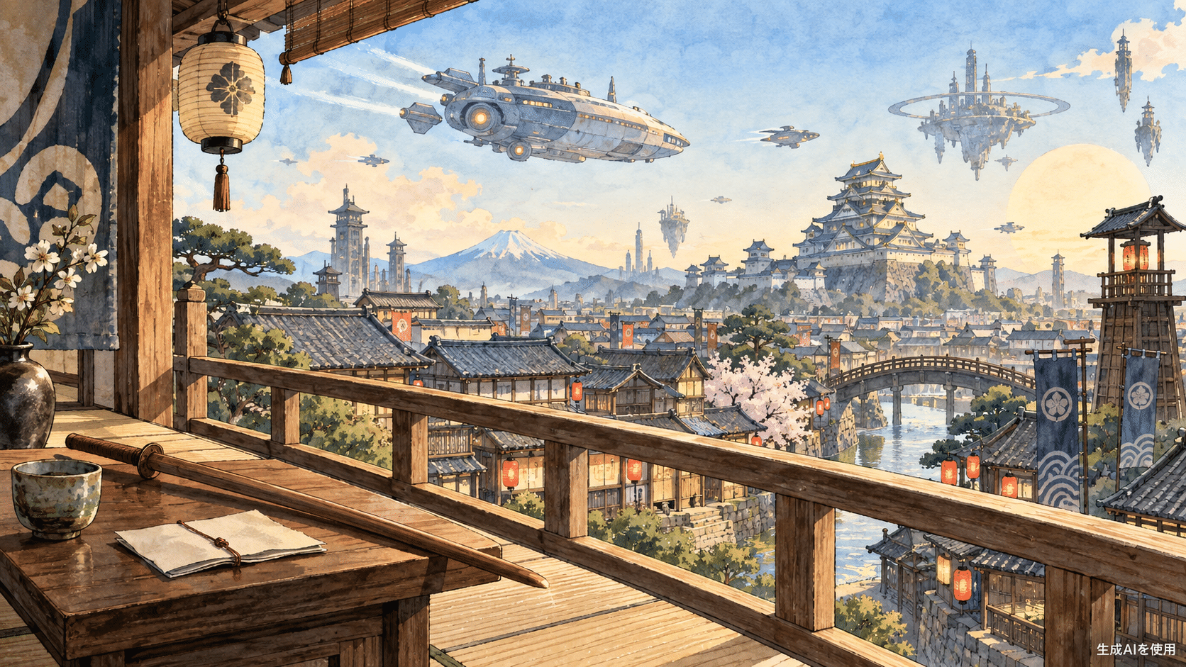 江戸風の町並みと未来の飛行船を描いた水彩画
