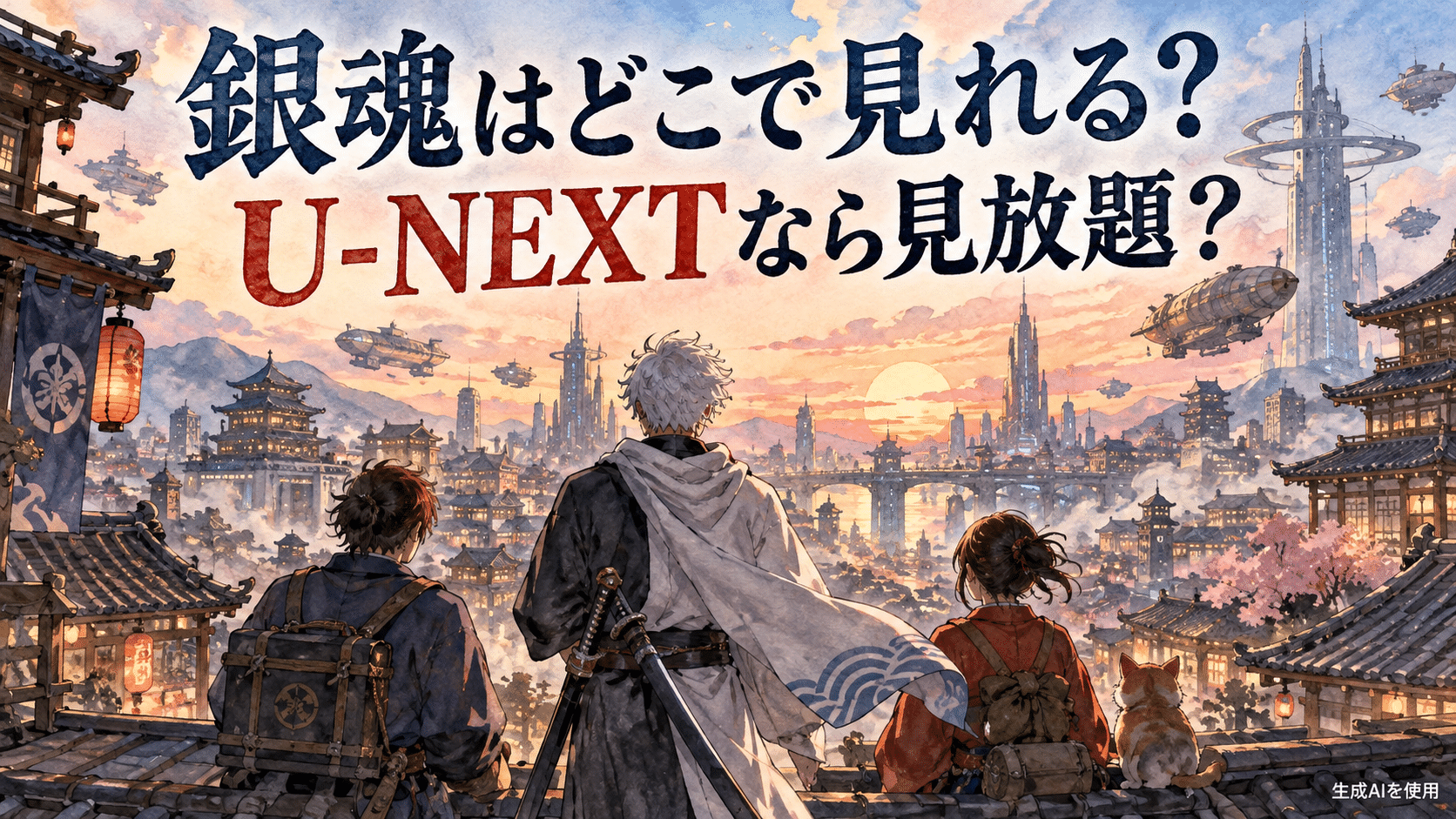 銀魂はどこで見れる？U-NEXTなら見放題？と書かれた水彩画