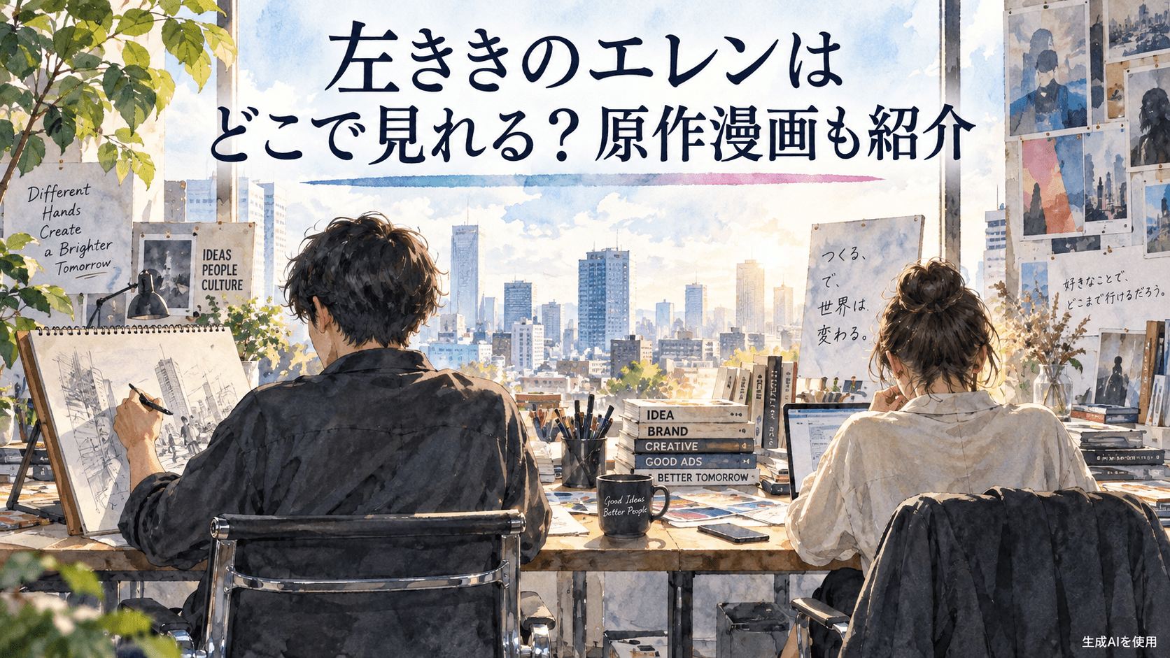 左ききのエレンはどこで見れる?原作漫画も紹介と書かれた制作スタジオの水彩画