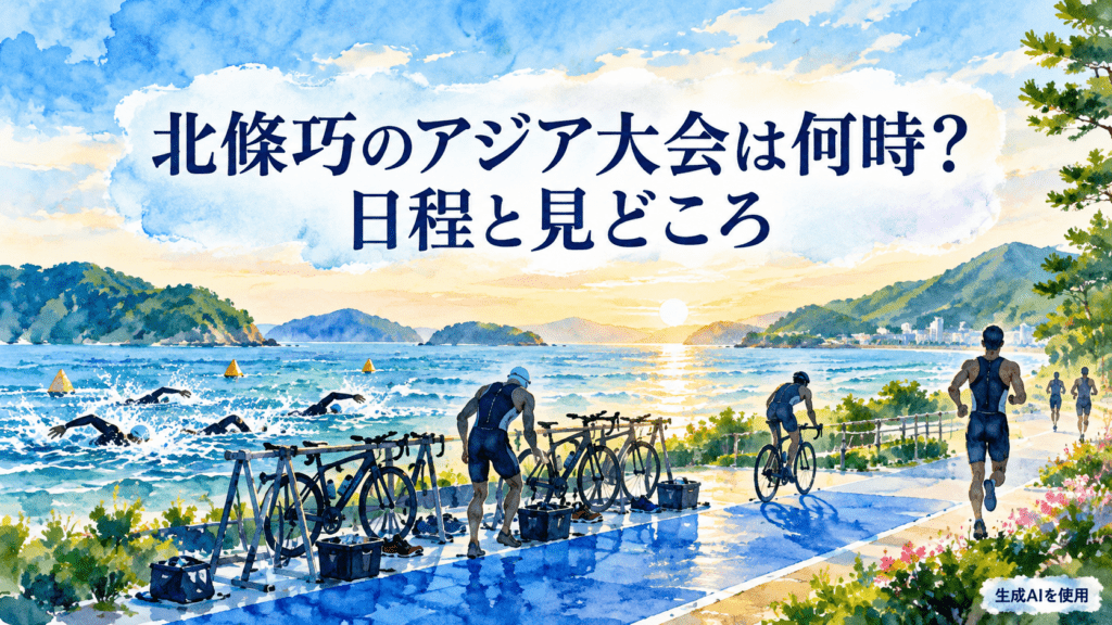 北條巧選手が出場するアジア大会トライアスロンの日程を表した水彩画風の海辺のコース