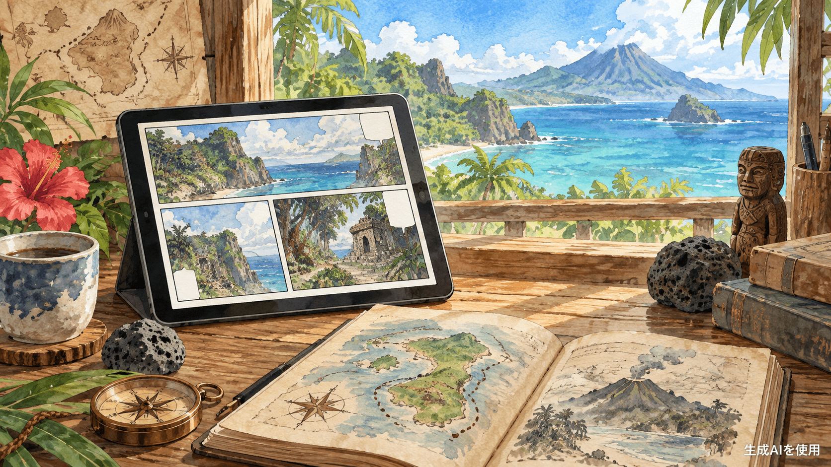 南国の風景を見ながらタブレットで冒険漫画を読む水彩画