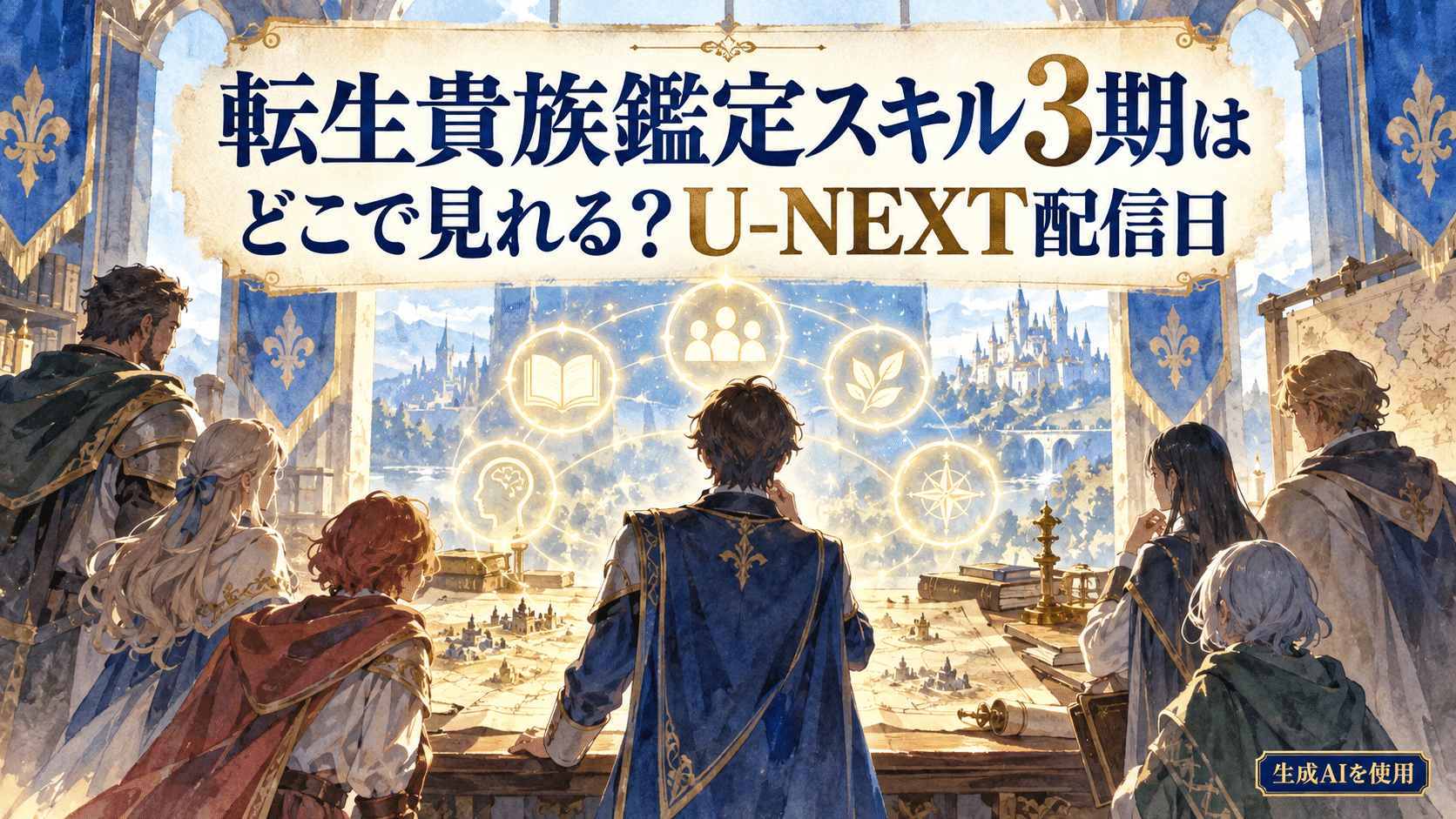 転生貴族鑑定スキル3期はどこで見れる?U-NEXT配信日と書かれた水彩画