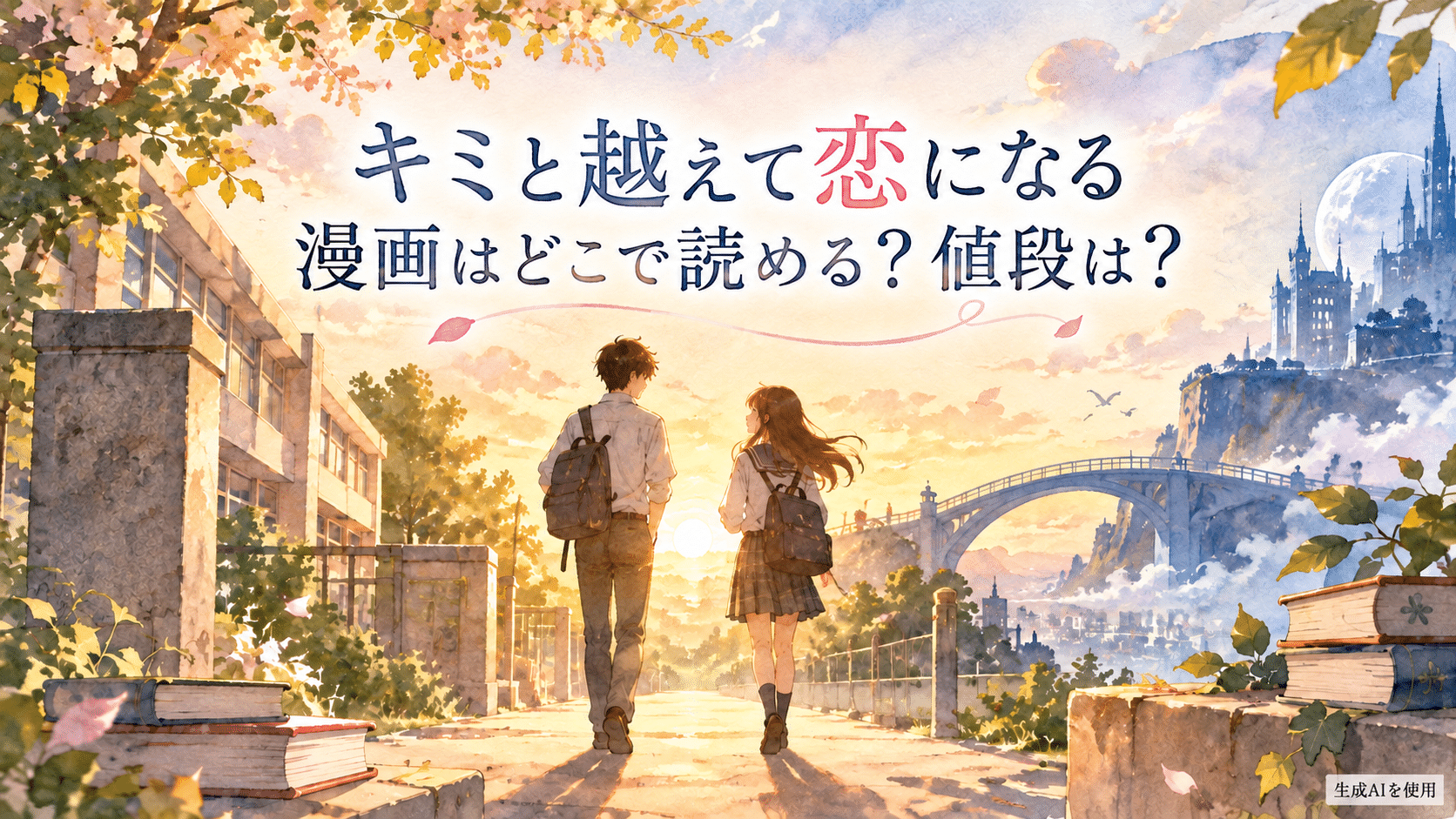 キミと越えて恋になる漫画はどこで読める?値段は?と書かれた水彩画
