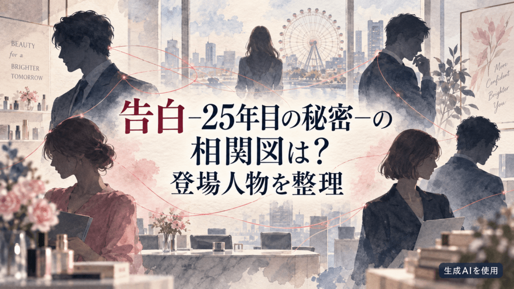告白25年目の秘密の人物関係を赤い糸で表した水彩画風イメージ
