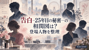 告白25年目の秘密の人物関係を赤い糸で表した水彩画風イメージ