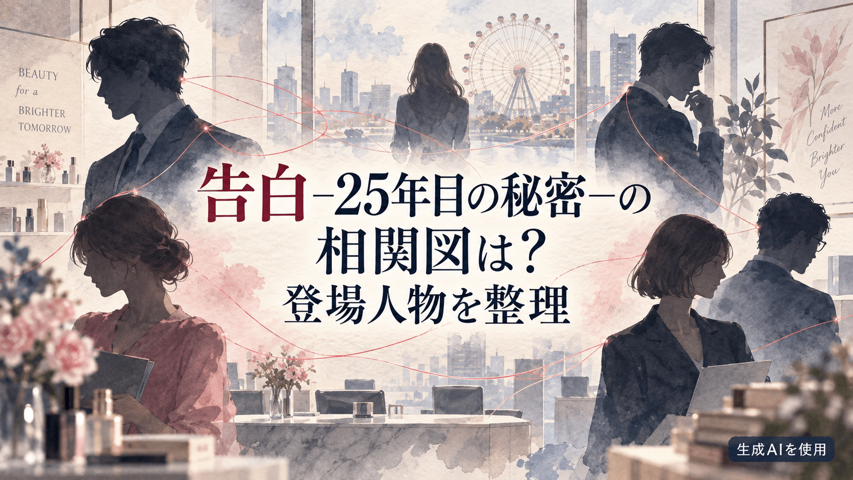告白25年目の秘密の人物関係を赤い糸で表した水彩画風イメージ