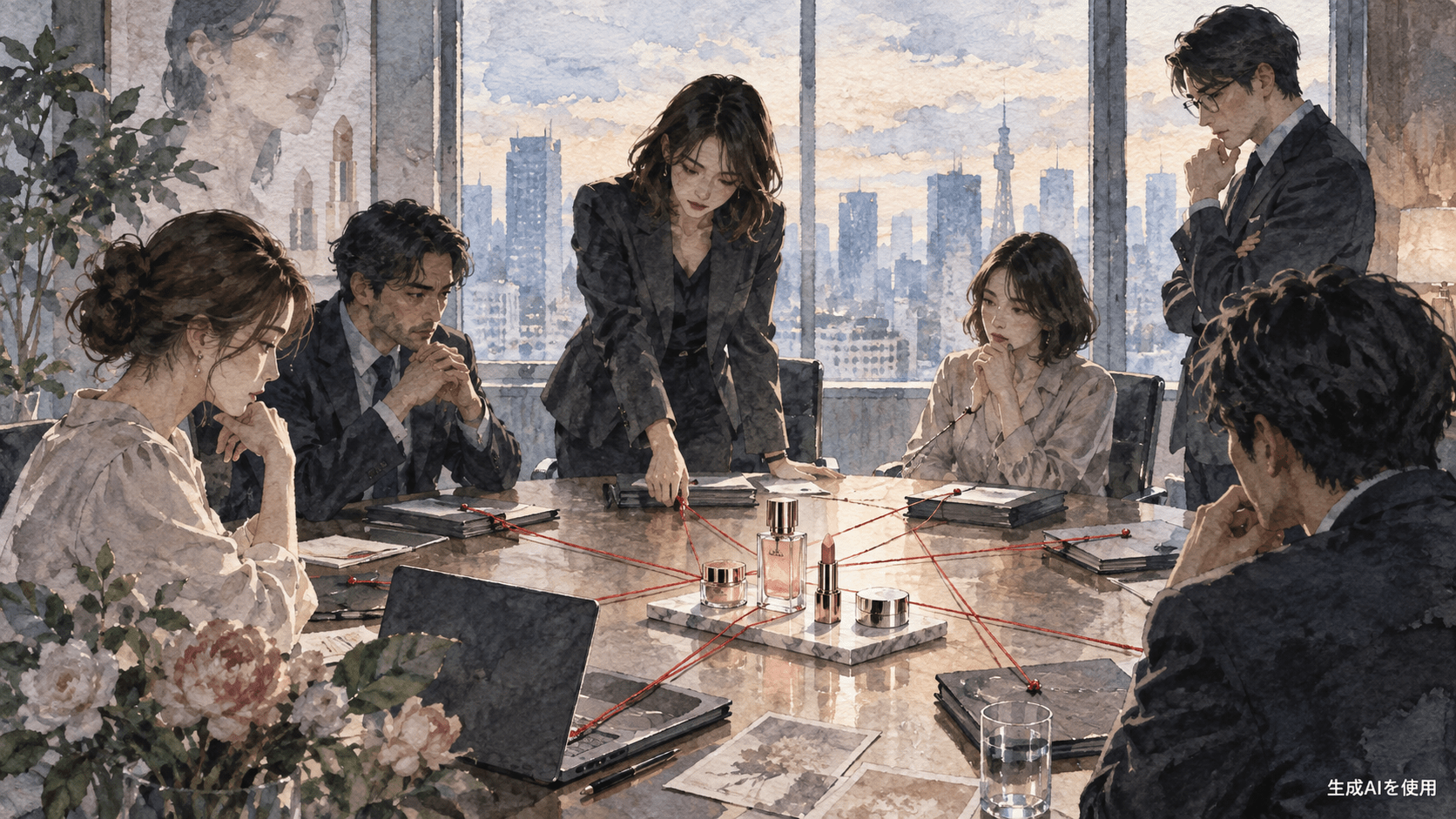 化粧品会社の会議室で複数の人物関係を赤い糸で表した水彩画風イメージ