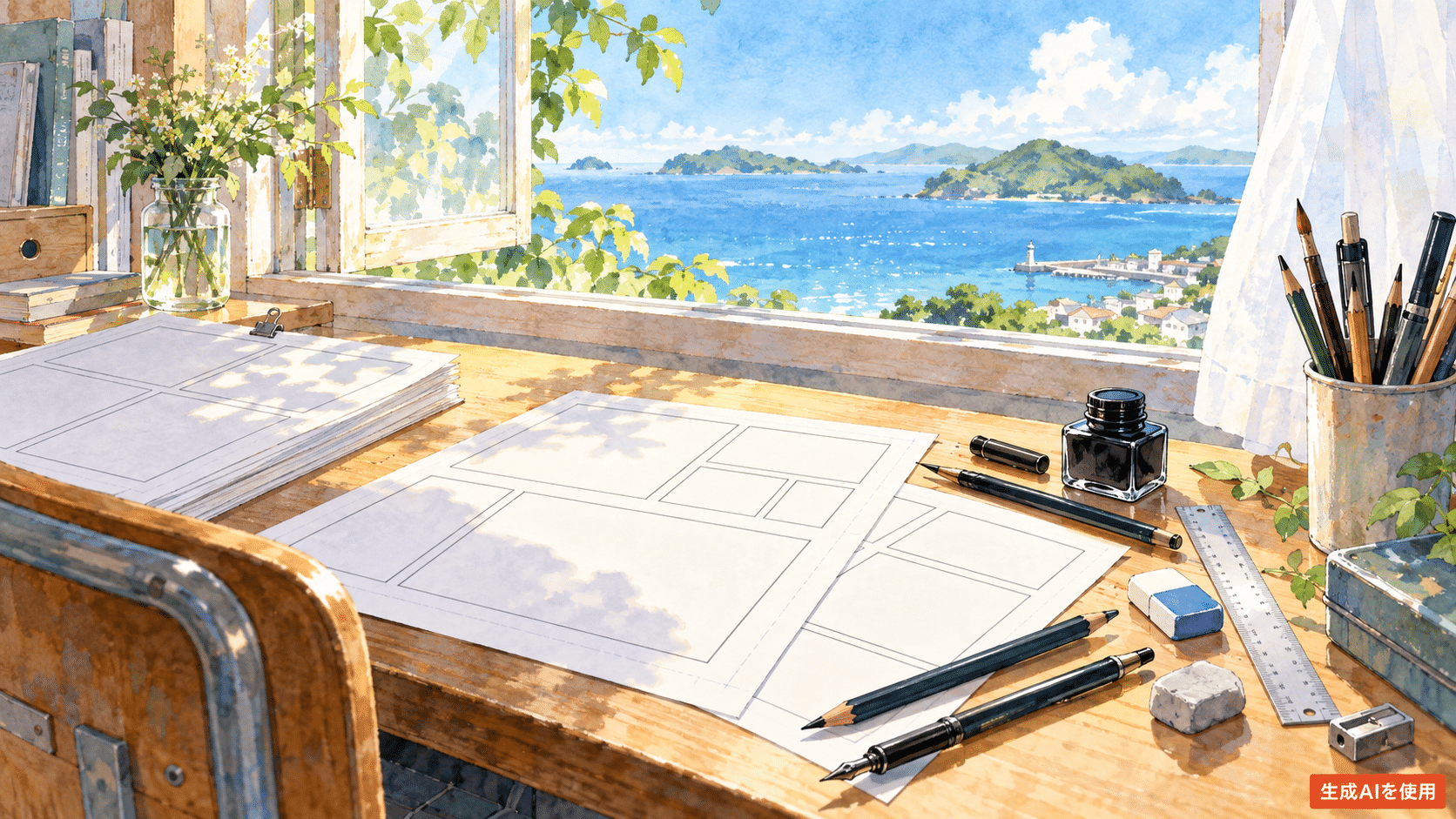 海を望む机に漫画制作道具が並ぶ水彩画
