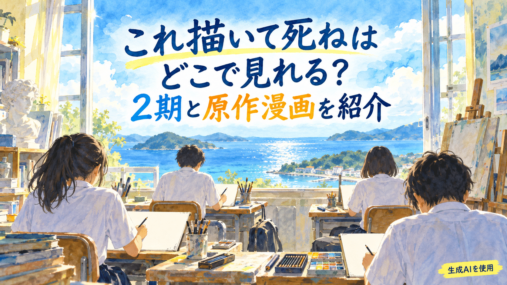 これ描いて死ねはどこで見れる?2期と原作漫画を紹介と書かれた水彩画