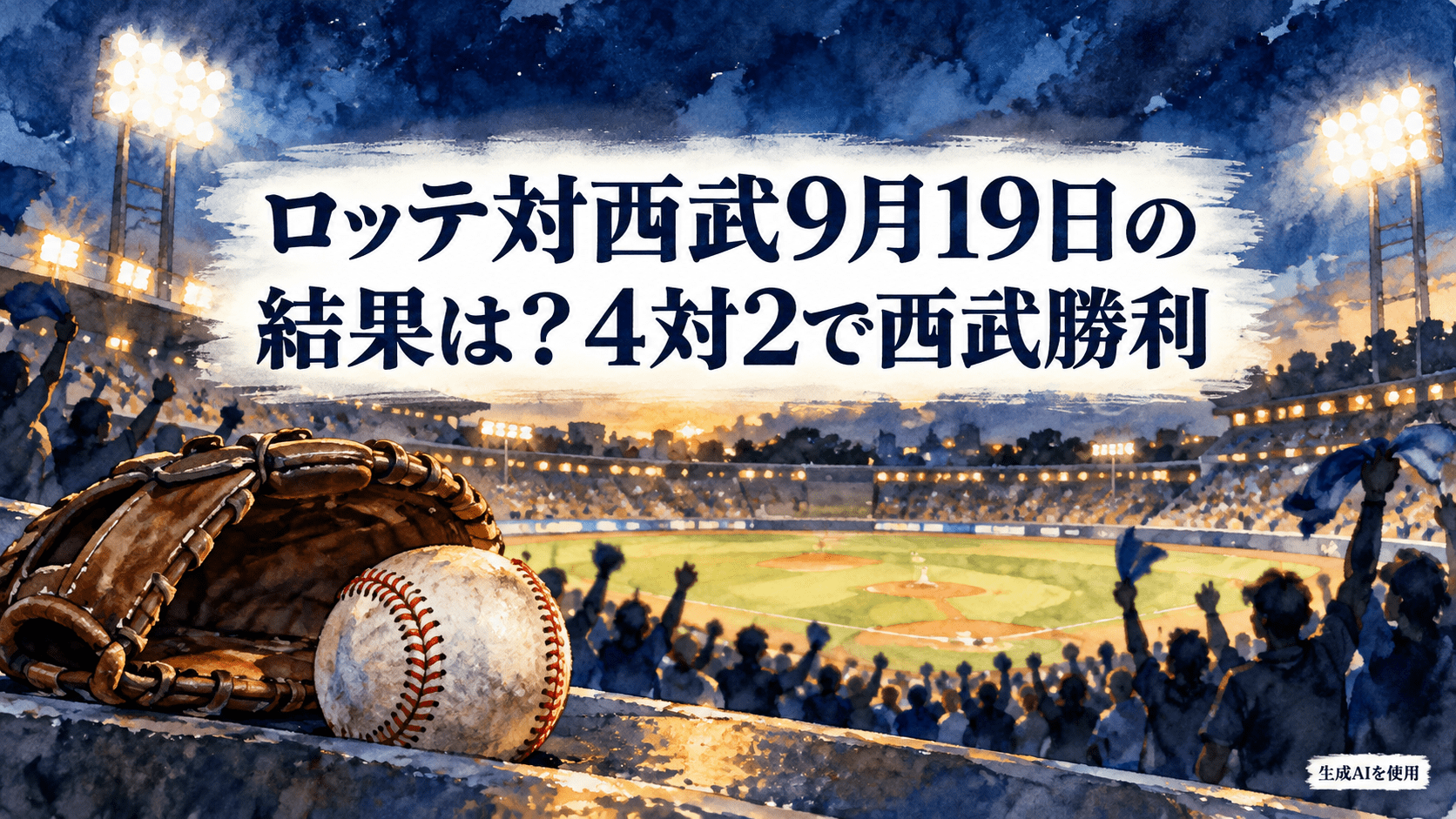 ロッテ対西武9月19日の試合結果を伝える水彩画風の野球場