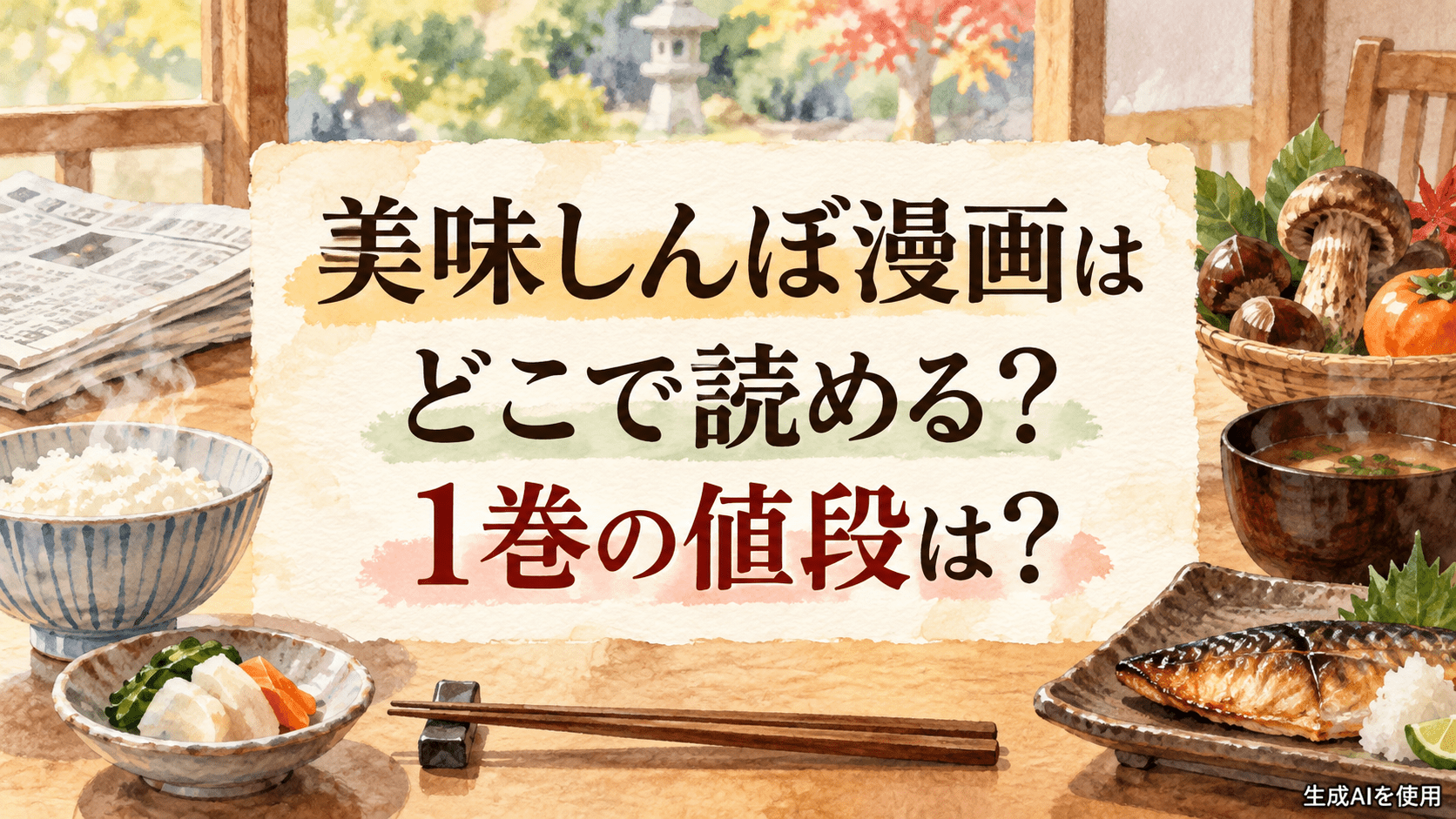美味しんぼ漫画はどこで読める?1巻の値段は?と書かれた水彩画風の料理と新聞のアイキャッチ画像