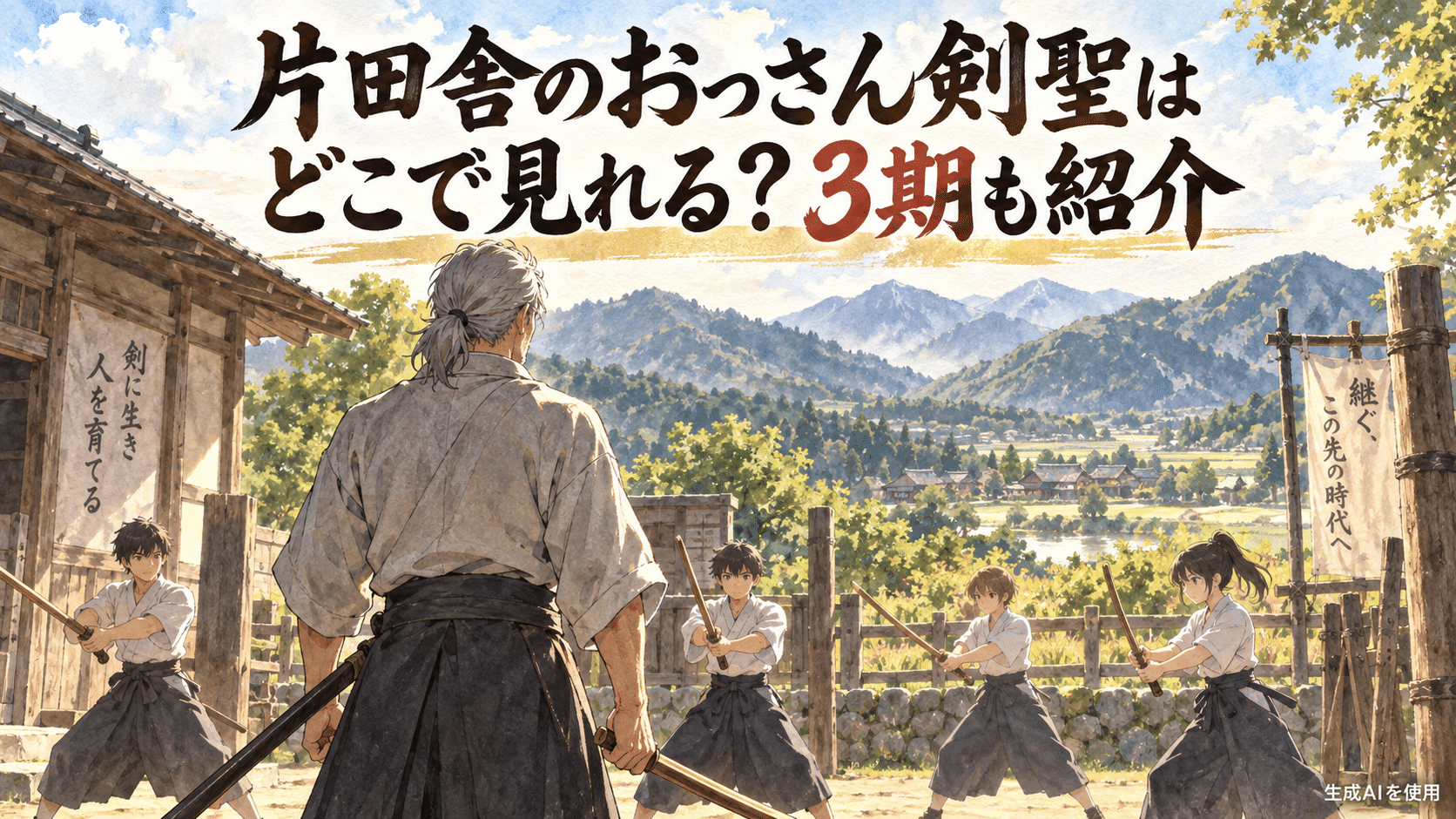 片田舎のおっさん剣聖はどこで見れる?3期も紹介と書かれた田舎道場の水彩画