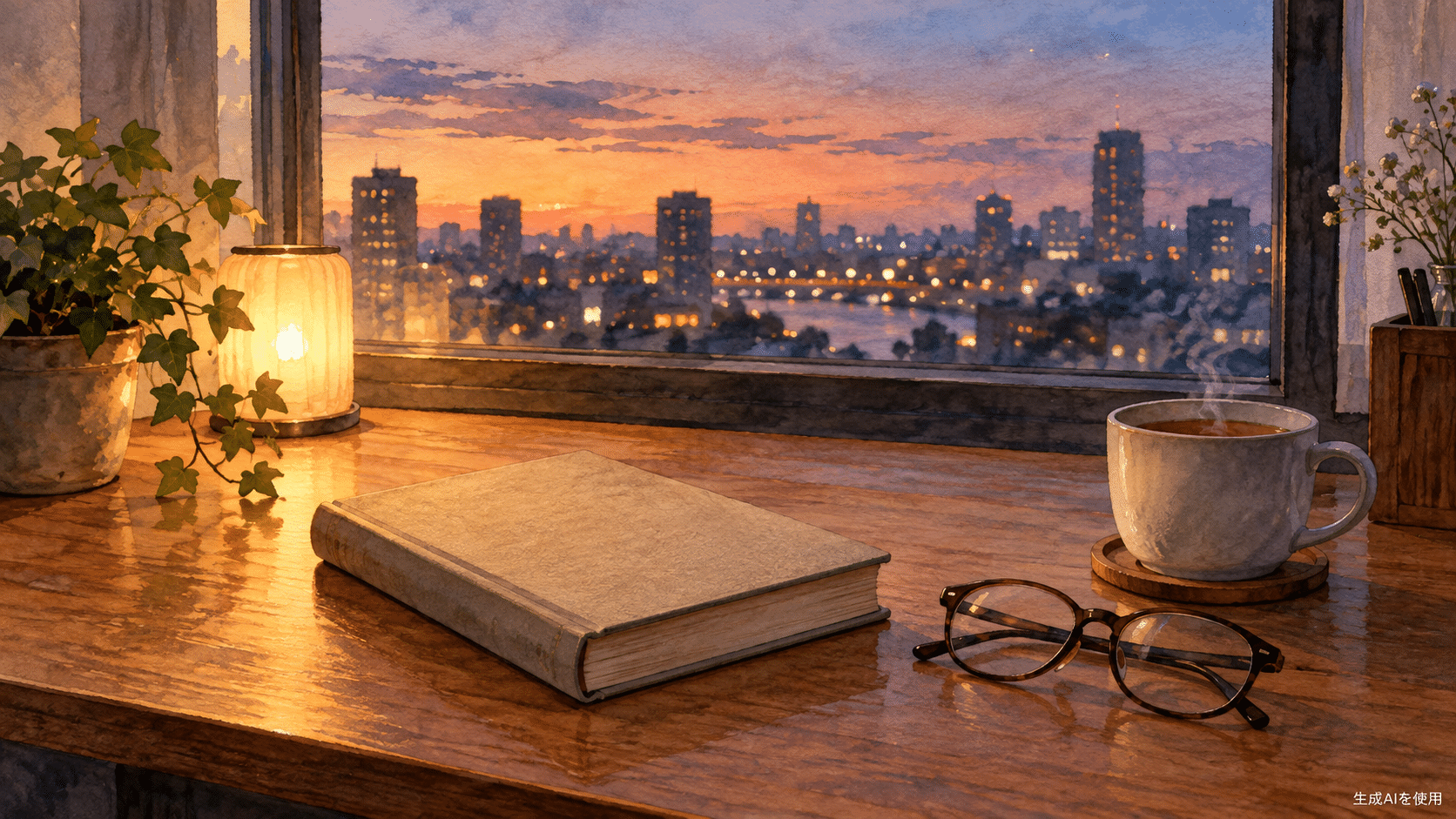 夕暮れの窓辺で本を読む時間を表した水彩画
