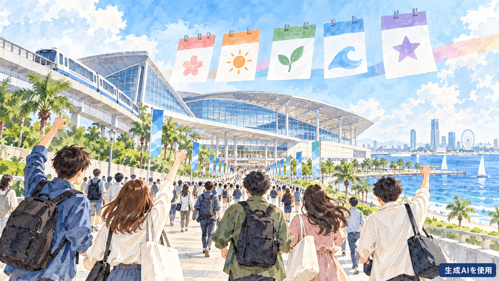 東京ゲームショウ2027の5日間の日程と会場への移動を表現した水彩画風イメージ