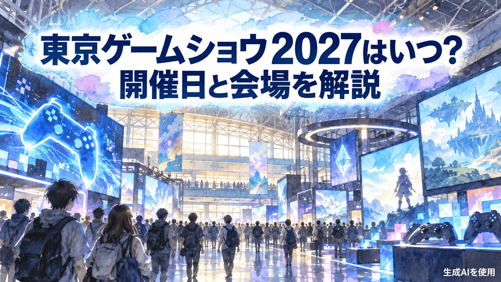 東京ゲームショウ2027の会場イメージを描いた水彩画風アイキャッチ