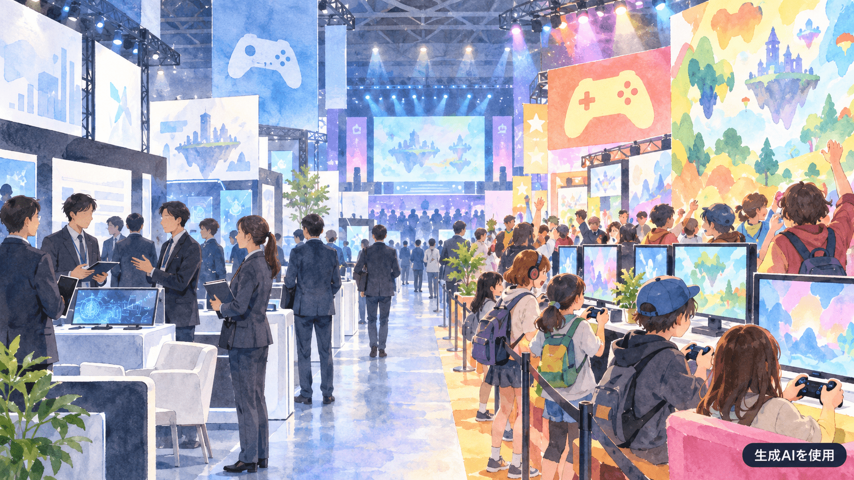東京ゲームショウのビジネス展示と一般向け試遊を表現した水彩画風イメージ