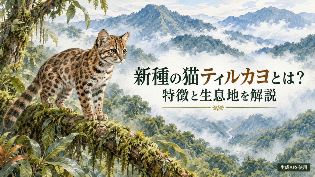 新種の猫ティルカヨとボリビアのユンガス雲霧林を描いた水彩画風イメージ