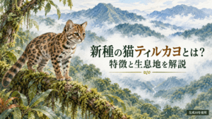 新種の猫ティルカヨとボリビアのユンガス雲霧林を描いた水彩画風イメージ