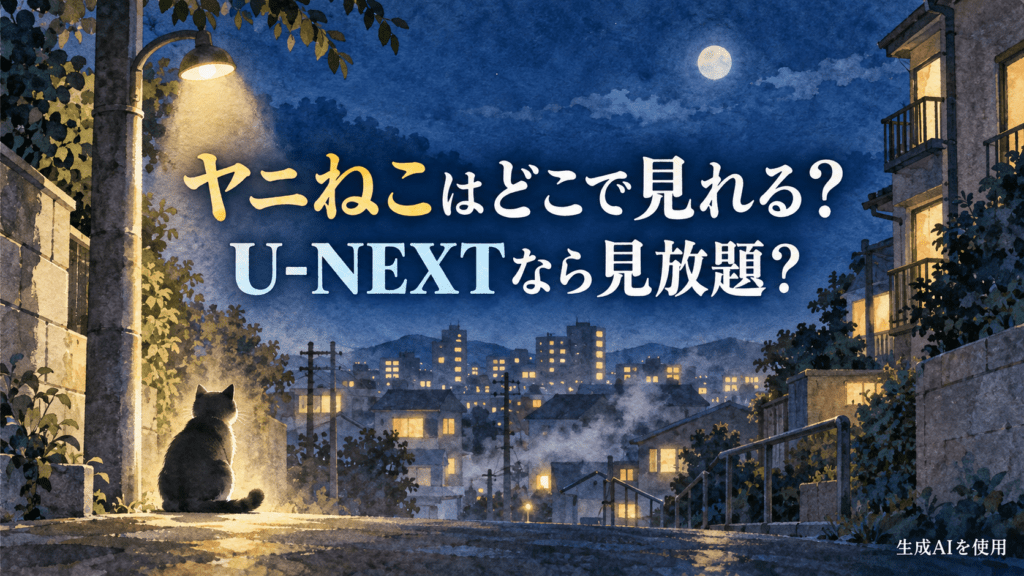 ヤニねこはどこで見れる？U-NEXTなら見放題？と書かれた水彩画風の夜の街と猫のシルエットのアイキャッチ画像