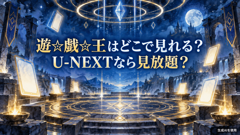 遊☆戯☆王はどこで見れる？U-NEXTなら見放題？と書かれた水彩画