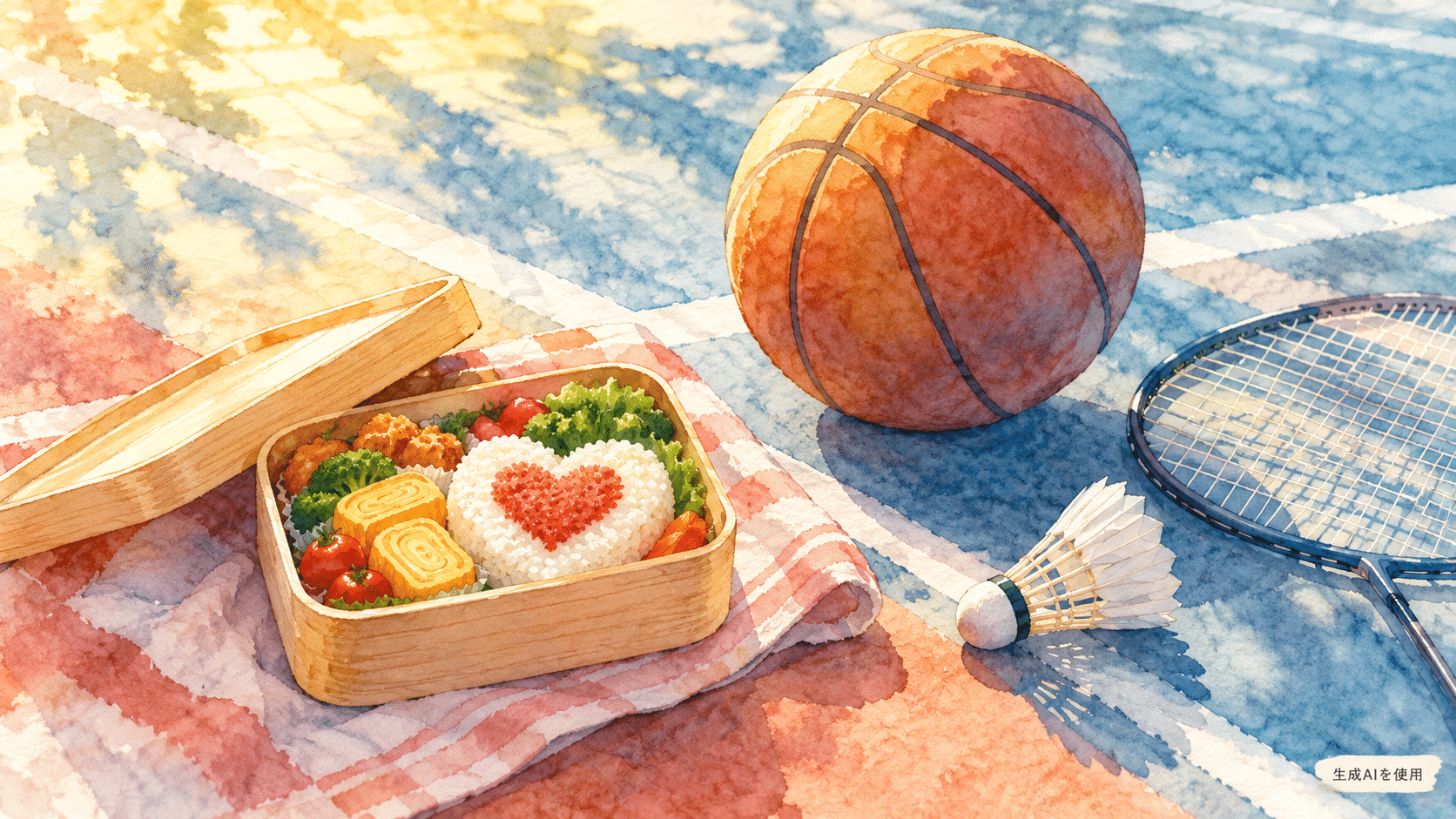 弁当箱とバスケットボールとバドミントン用具を描いた水彩画