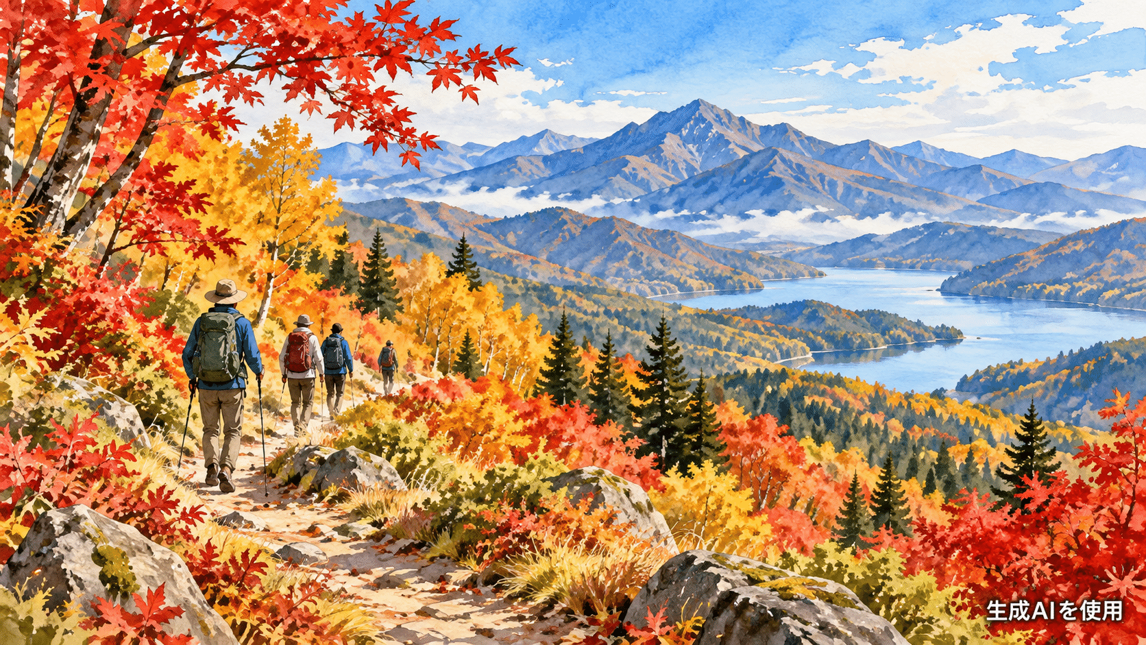 紅葉の山道を歩く登山者を表す水彩画風イラスト