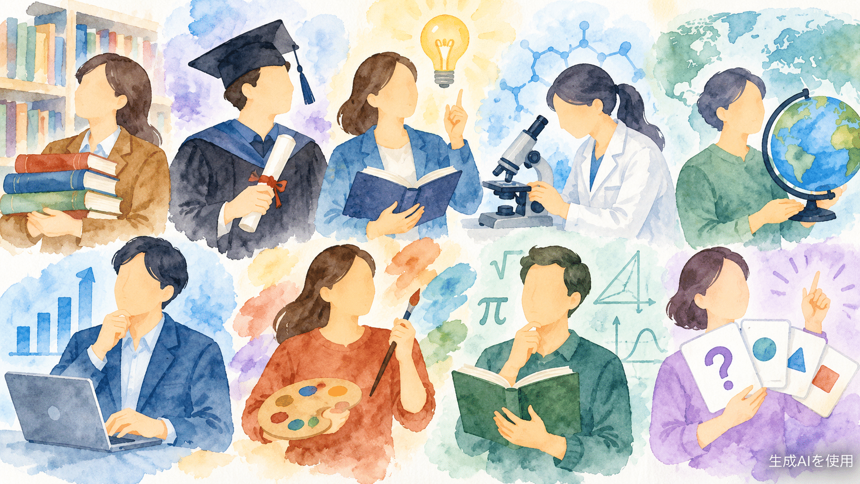8人の多様な学歴と専門分野を表す水彩画風イラスト